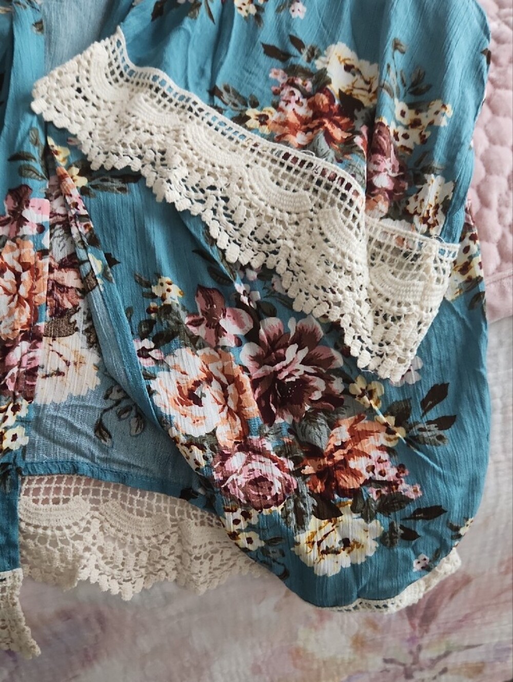 Umgee Teal Floral Open-Front Duster - Picture 4 of 6